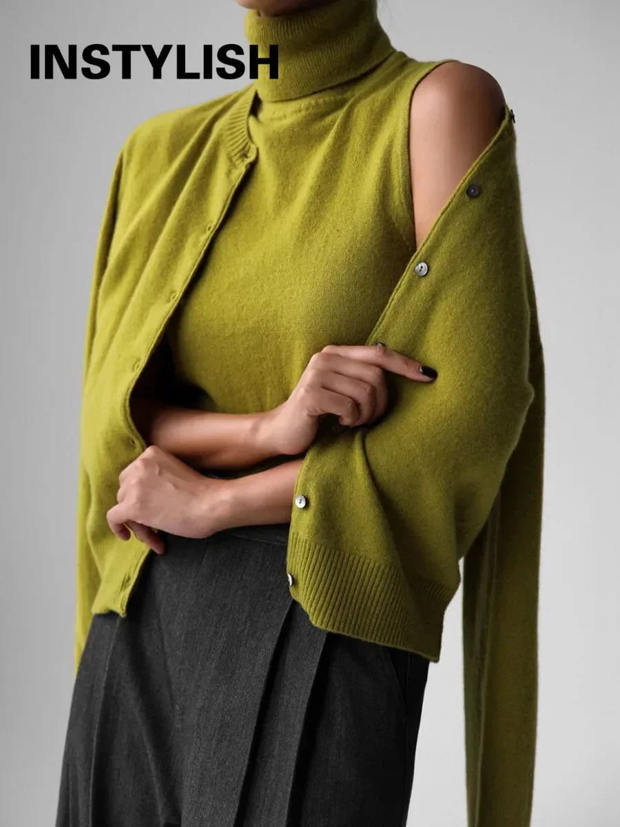 Women 2 Piece Knitted Sweater Set Sleeveless Turtleneck Tank Top Long Sleeve Button Cardigan Elegant Autumn Winter Matching Set