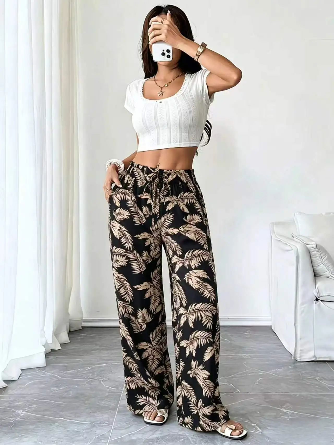 Summer Thin Chiffon Leaf Wide Leg Pants Loose Elastic Waist Floor-Length Loose Straight Long Trousers for Beach Vacation