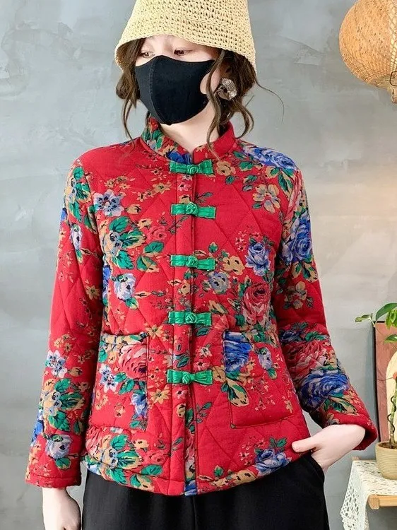 

Новая коллекция осень-зима 2026: Хлопковое льняное платье-ципао с этническим цветочным узором и пуговицами для женщин среднего возраста