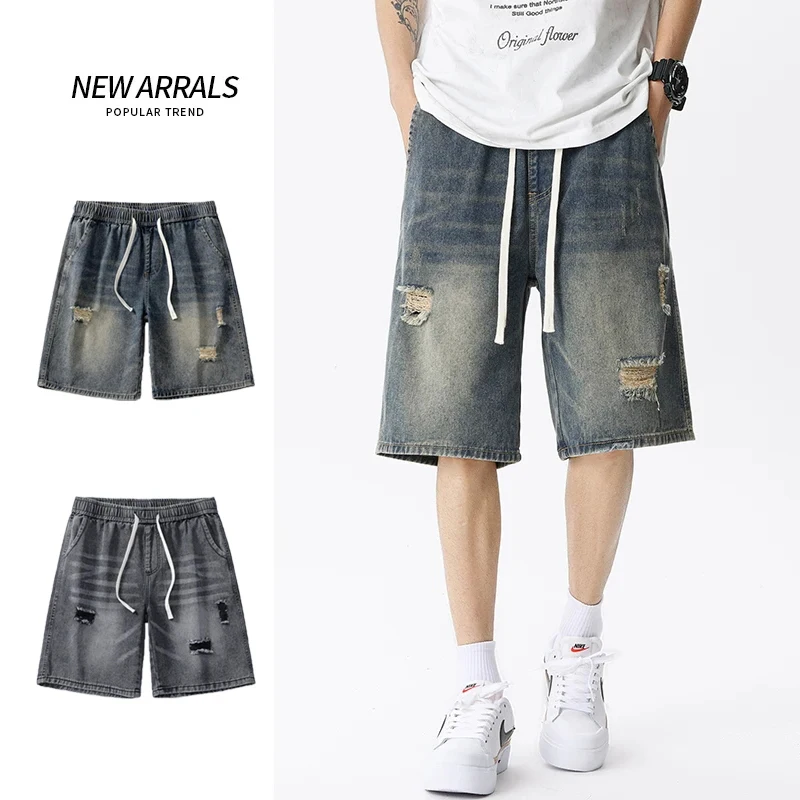 Summer Thin Denim Shorts Men's Retro Streetwear Blue Gray Stretch Straight Loose Fashionable Casual Ripped Short Jeans Men
