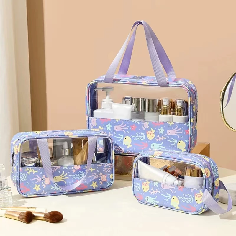 Transparent Makeup Toiletry Bag Large Size Waterproof Swimming Bath Bags Simple PVC Tote Bag PU Splicing Cosmetic Bag