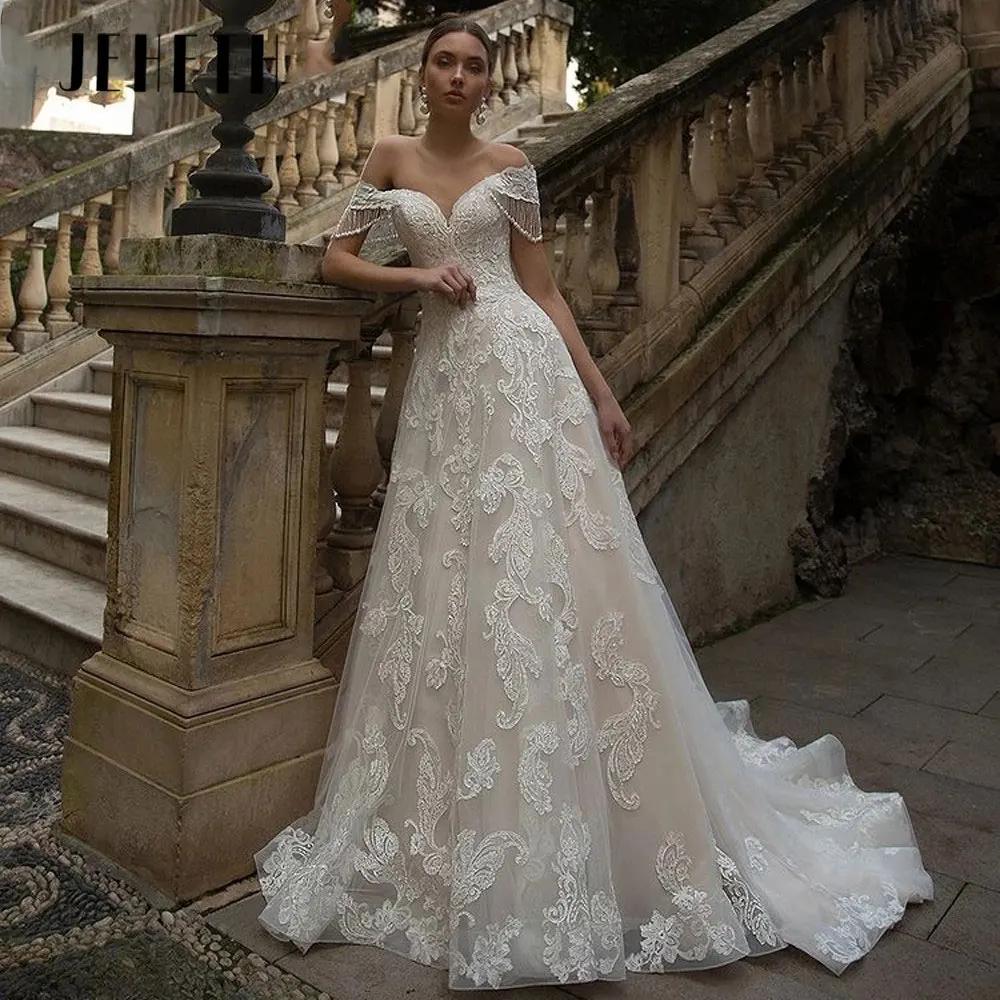 JEHETH Exquisite A Line Off spalla abiti da sposa Princess Appliques abiti da sposa Back Lace Up Vestidos De Novia Custom MadeJEHETH Squisite A Line Off Shoulder Abiti da sposa Principessa Appliques Abiti da sposa Back