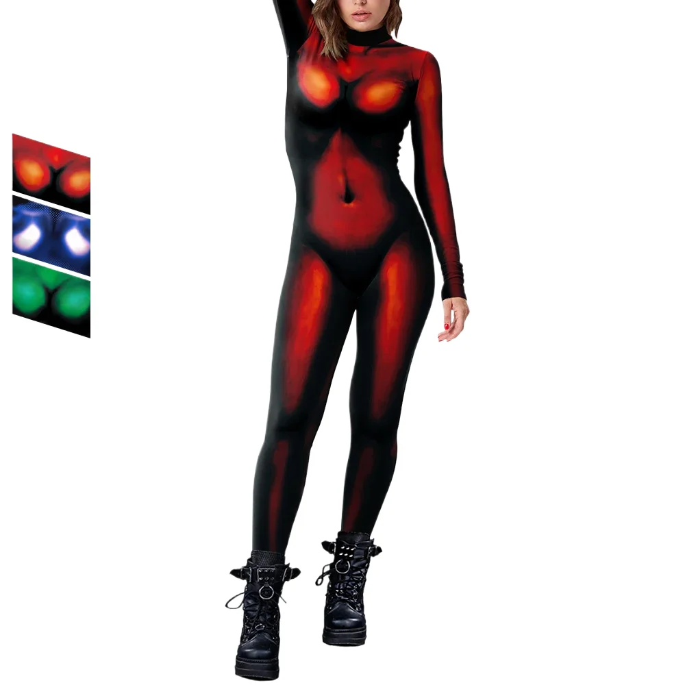 

2024 New Halloween Woman Jumpsuit Holiday Party Funny Stage Performance Cosplay Costumes Long Sleeve Solid Printing Bodysuit