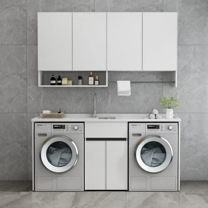 for Honeycomb Aluminum Modern Balcony Laundry Cabinet Double Washing Machine and Dryer Cabinet with Sink Wash Basin