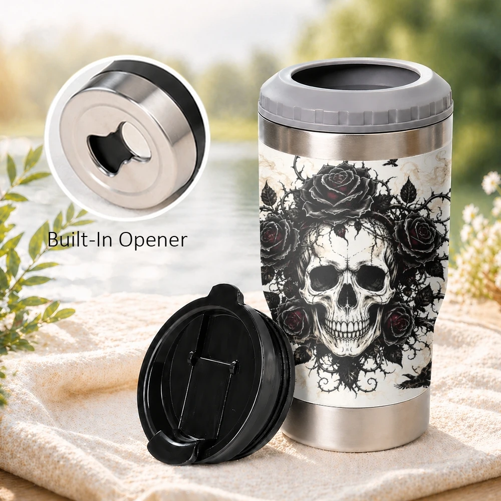 Gothic Skull Rose Ravens 4-in-1 Insulated Can Cooler Cup For Beer Soda Coffee, Stainless Steel Hot Cold Drink Holder Mug