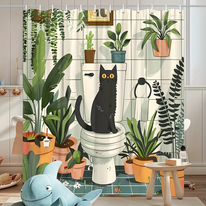 1pc, Greenery Cat Shower Curtain, Floral Potted Plants Cartoon, Modern Fashion Polyester Fabric, Bathroom Partition, Washable wi