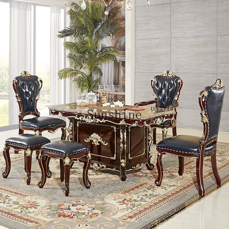 

European tea table table and chair combination household solid wood kung fu dark red balcony simple and modern
