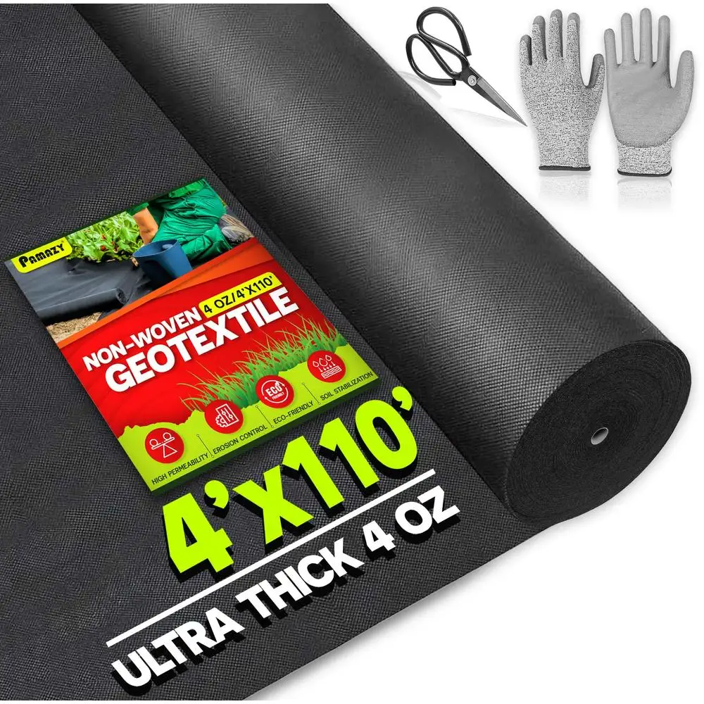 Premium 4oz Non-Woven Geotextile Fabric 4ftx110ft Drainage French Drain Gloves & Scissors Excellent Permeability Durable