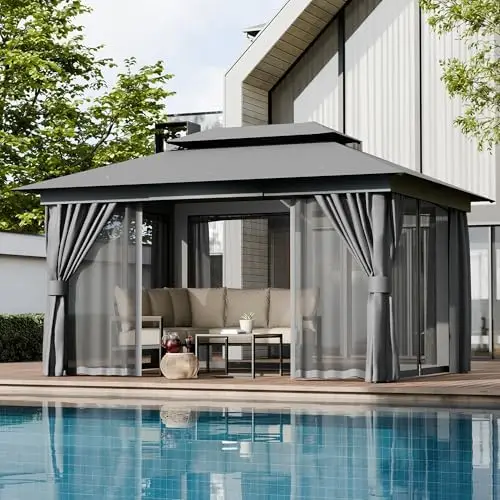 Outdoor Gazebo 10x13 with Mosquito Netting and Privacy Screens, Screen Tent with Double-Roof, Heavy Duty Shelter Canopy