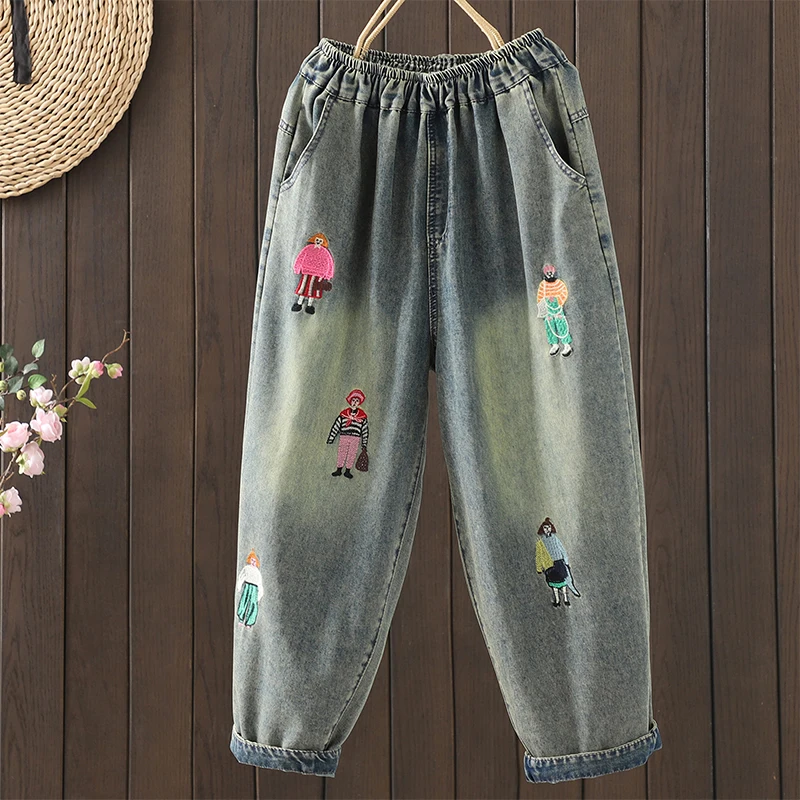 

Джинсы Harajuku Sle с вышивкой, повседневные брюки в китайском стиле, свободный крой с девятью очками для женщин больших размеров, всесезонная одежда