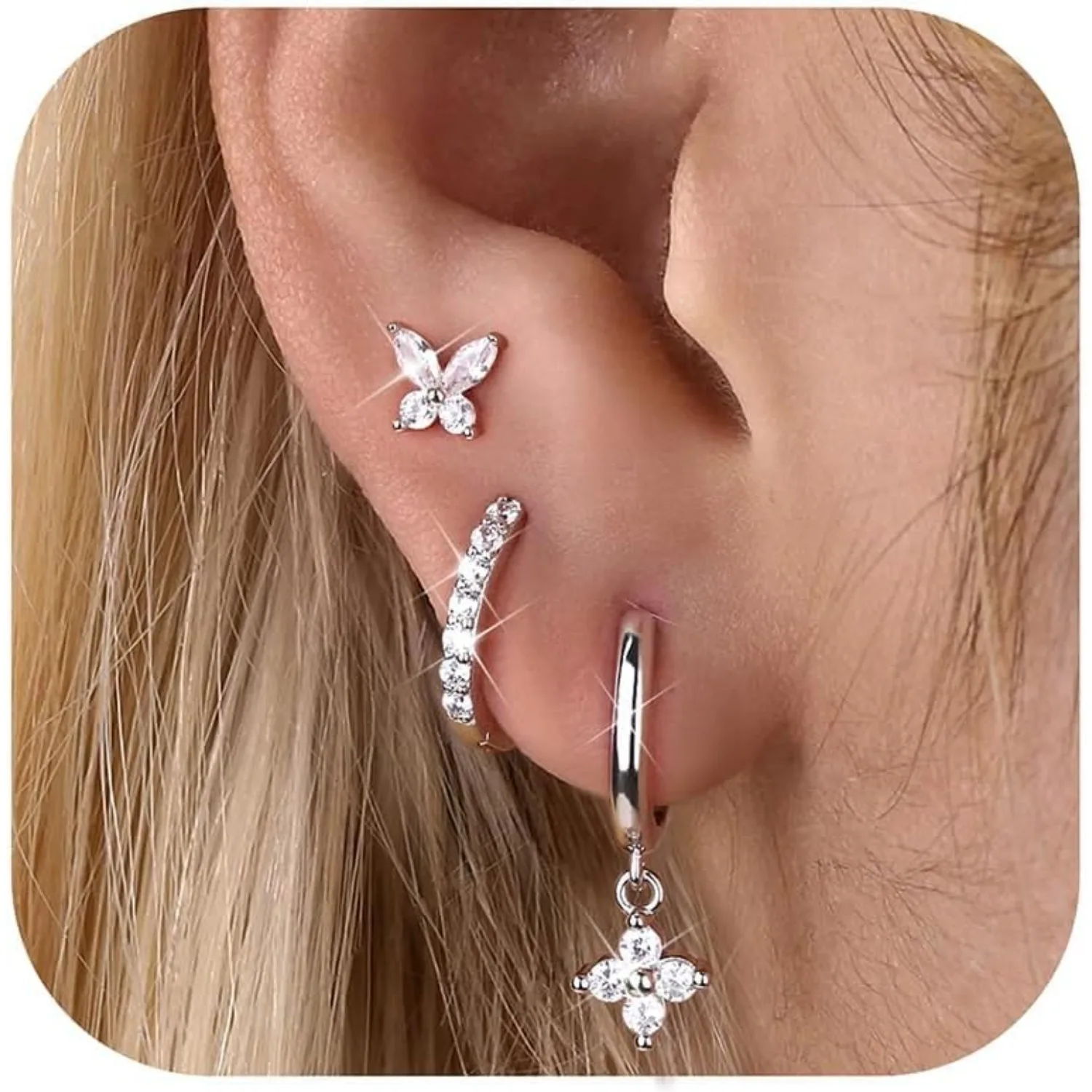 Drperfect 3Pairs Silver Needle Stud Hoop Earrings Set for Women Hypoallergenic CZ Cartilage Stacks Earring for Multiple Piercing