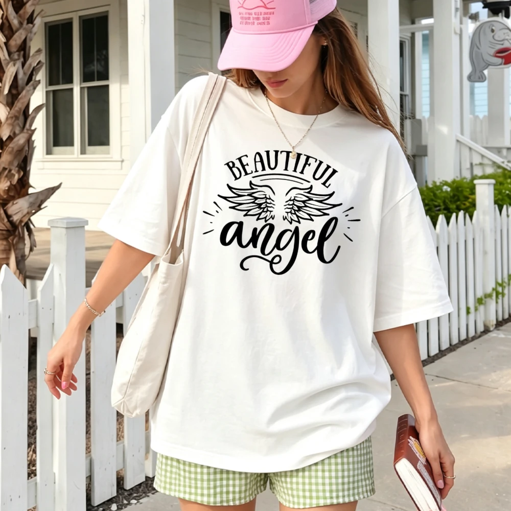 Beautiful Angel Wings Slogan Graphic T-shirt Vintage Angel Wing Letter Print Short Sleeve Tee Inspirational Religious Casual Top