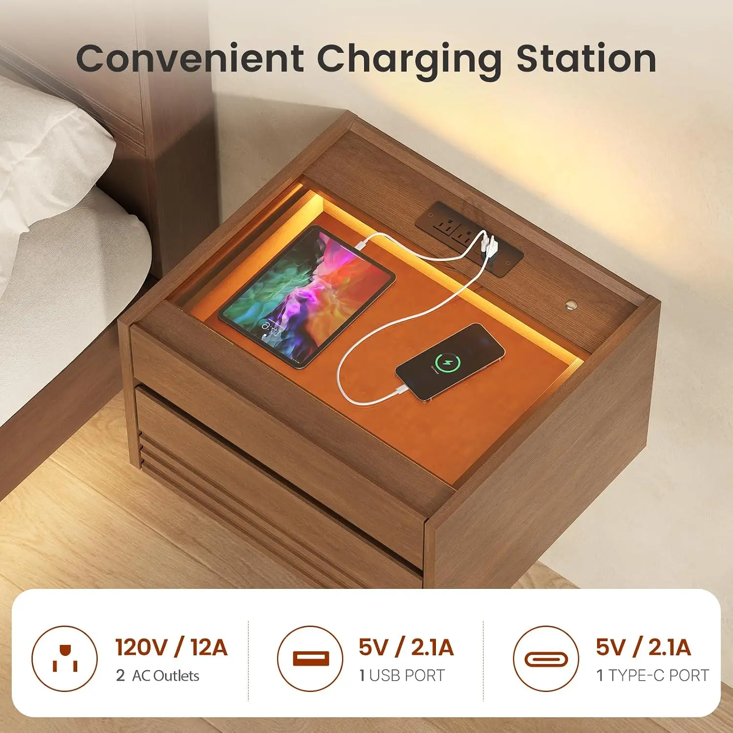 Floating Nightstand Set of 2with Charging Station and LED, Brown