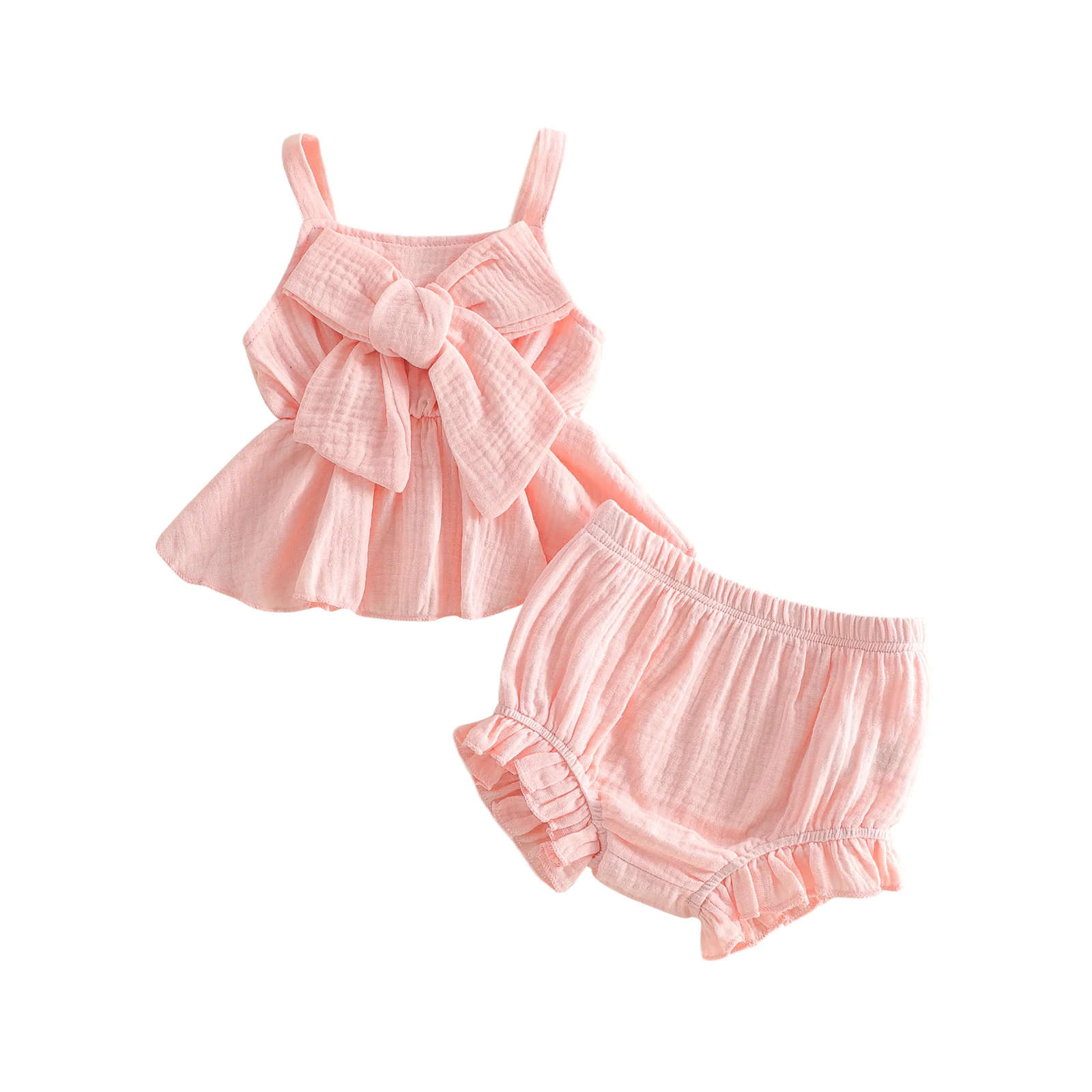 Baby Girls Summer Outfits Pink Sleeveless Bow Decor Camisole Ruffled PP Shorts Sets