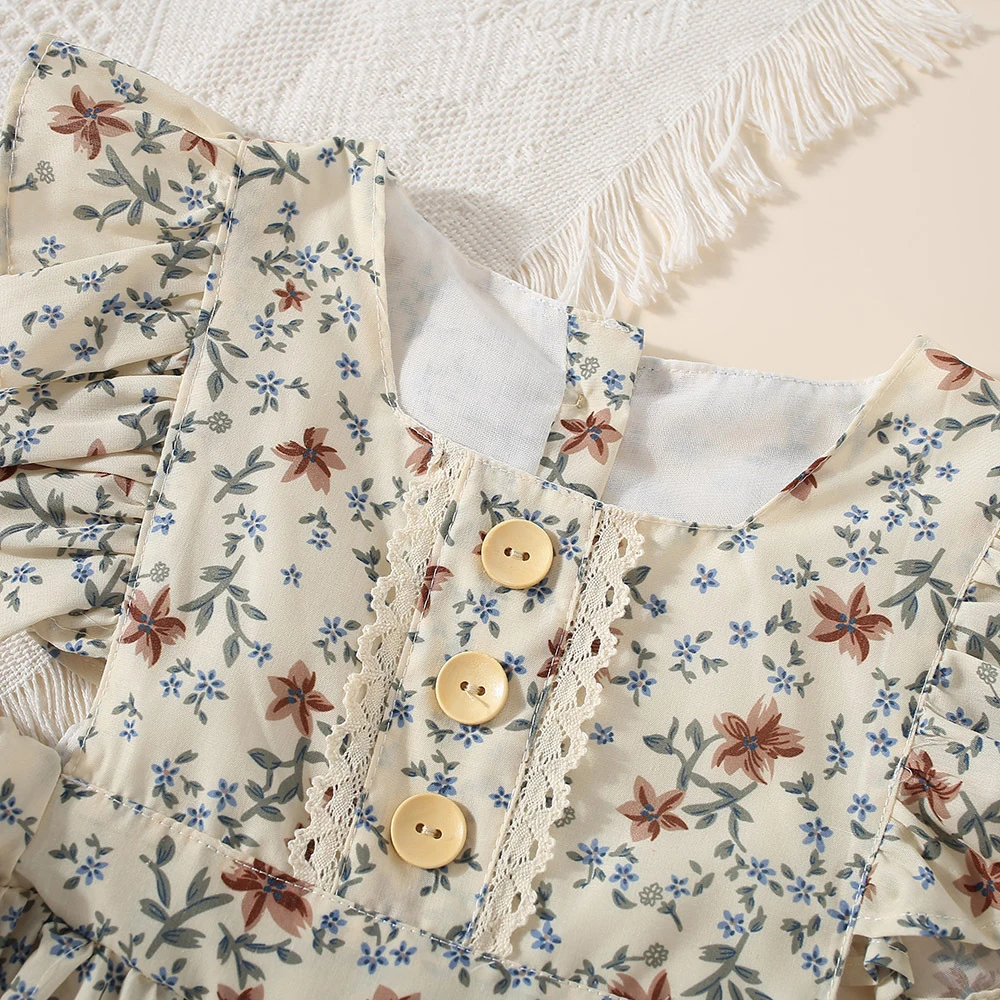 Kids Dresses for Girls Floral Flying Sleeves Casual Dresses Summer Ruffles Sweet Casual Daily Dress Toddler Casual Flower Dress