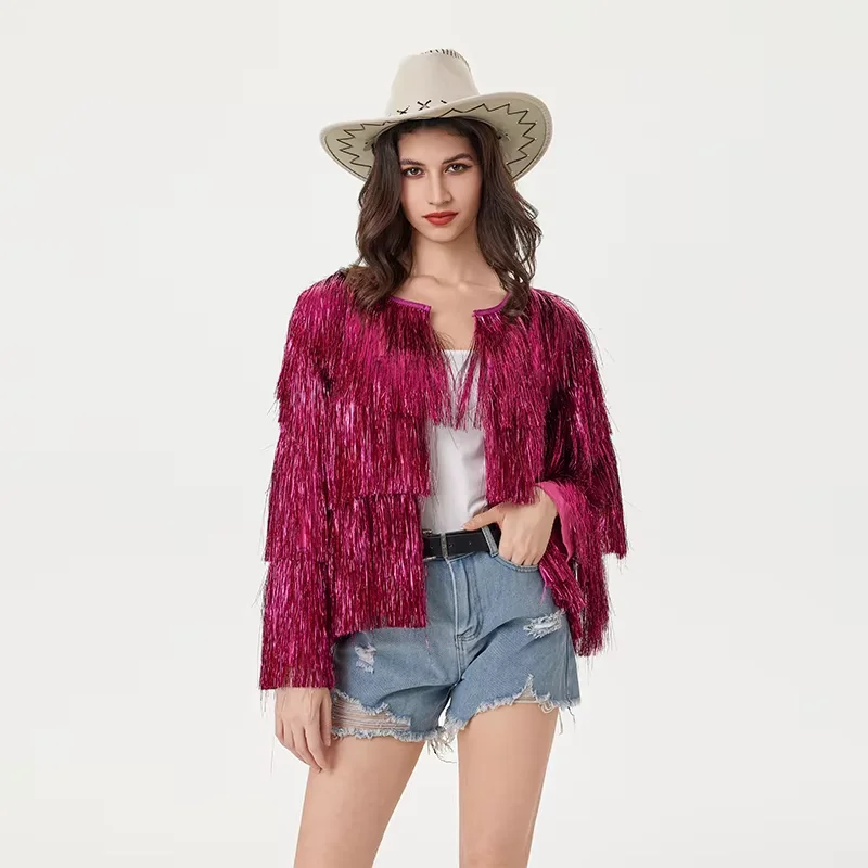 Women's Sequin Fringe Jacket Sparkly Tassel Hem Long Sleeve Open Front Jacket Outerwear Y2K Streetwear