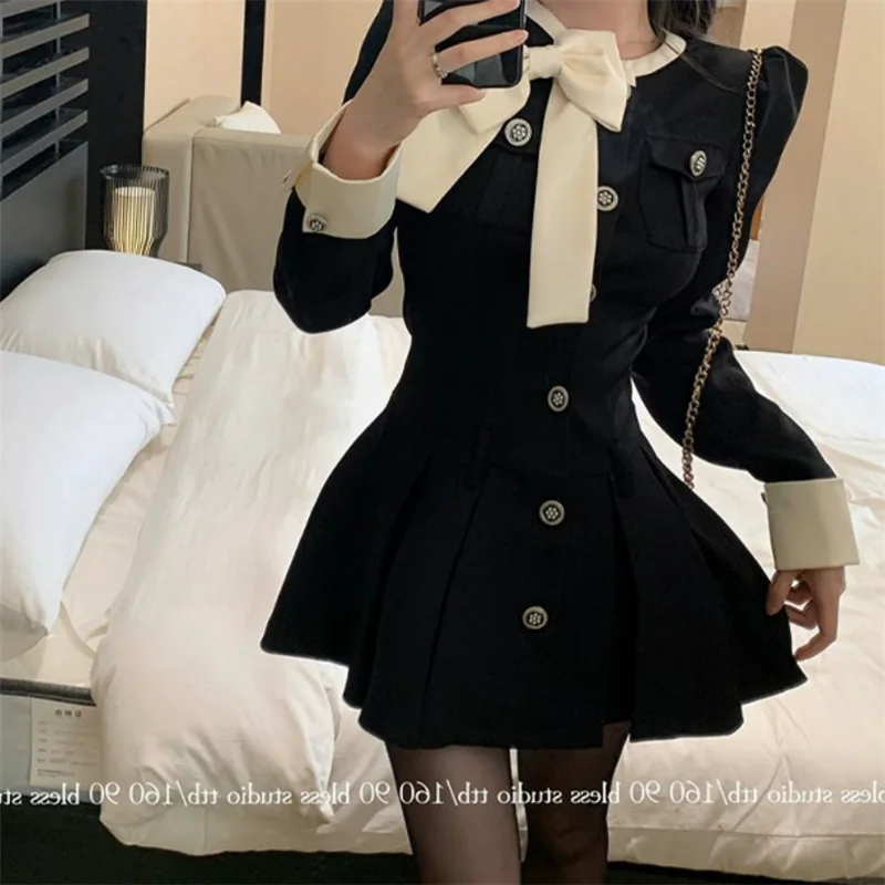 

French Fashion Celebrity Lady Bow Black Mini Dress Long Sleeve A Line Short Skirt 2024 New Fall 3XL Women Single Breast Dress