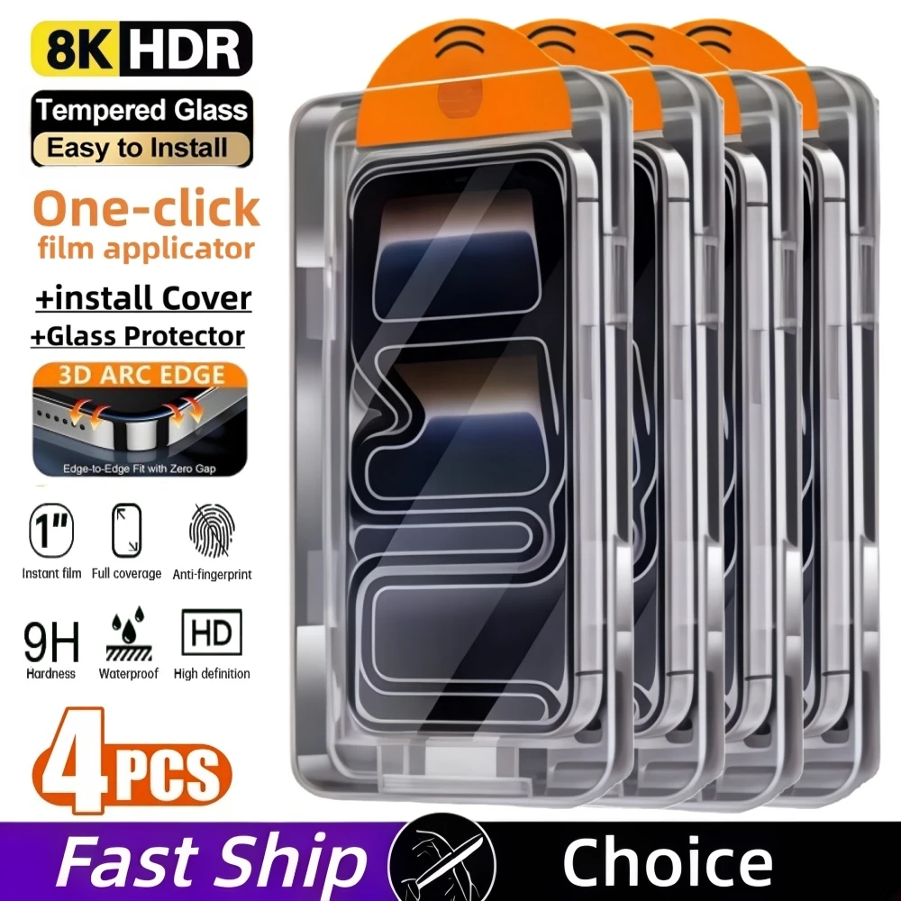 

4PCS Easy Install HD Screen Protector For iPhone 17 16 13 Pro Max 11 15 14 16e 12 Mini XR X Xs 7 8 Plus Air Tempered Glass