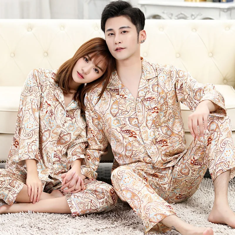 2024 New High-end Couple Pajamas Spring Long Sleeve Thin Sleepwear Women's Ice Silk Casual Summer Men's V-neck Autumn Loungewear