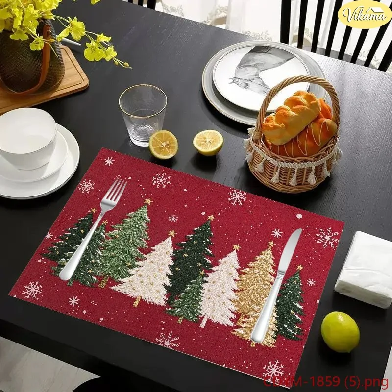 VIKAMA Christmas Placemats, Red Fair Isle Knit Snowman Gingerbread Snowflake Design, Washable Winter Holiday Dining Mat
