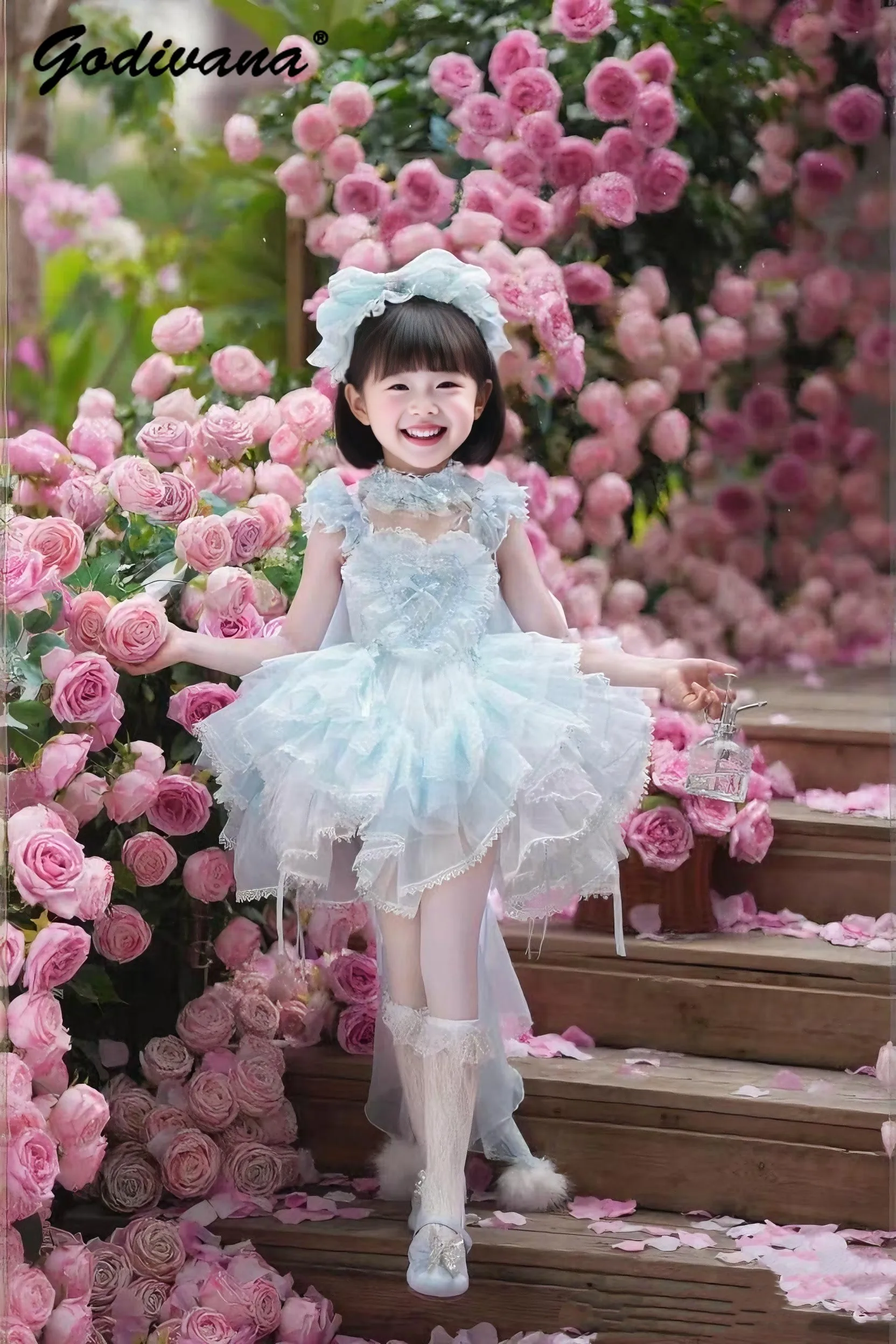 Sweet Baby Girls 2026 New Summer Lolita Princess Dress Childrens High End Elegant Blue Elf Tulle Tutu Birthday Party Ball Gown
