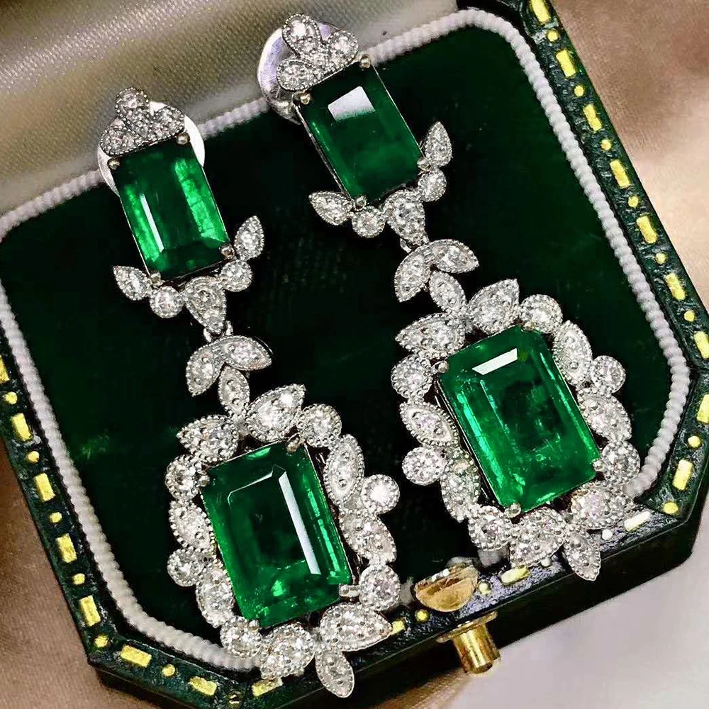 Huitan Gorgeous Geometric Green CZ Dangle Earrings for Women Full Bling Iced Out Wedding Engagement Accessories Fashion Jewelry