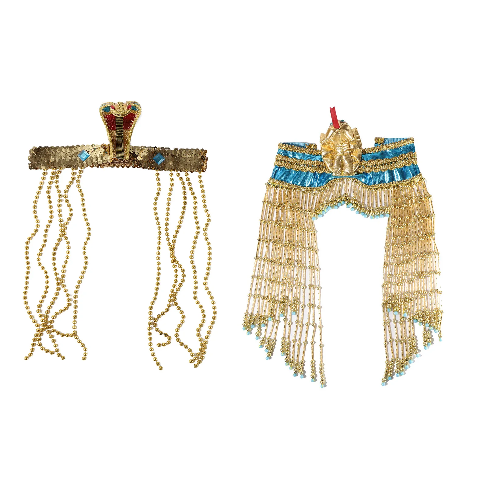 Women Halloween Ancient Egypt Cleopatra Cosplay Headwear Headband Elapid Beads Sequins Tassels Headdress Egyptian Accessories