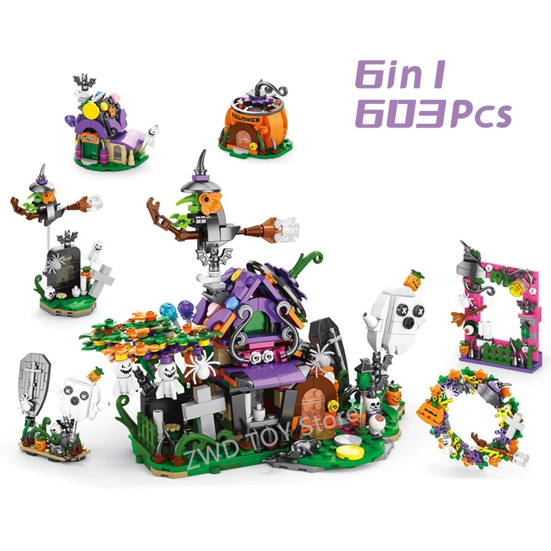 6IN1 DIY Creative Halloween Pumpkin House Witch Candy House Desktop Atmosphere Small Decoration Building Blocks Bricks Toy Gift