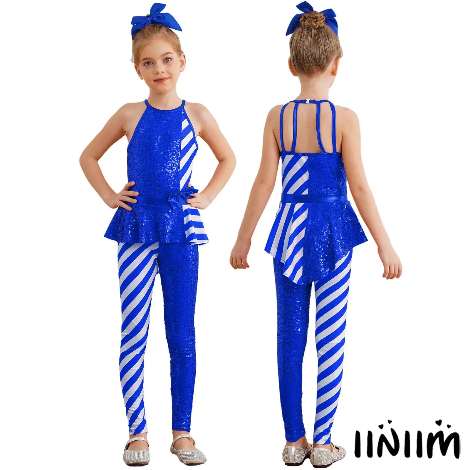 

Girls One Piece Christmas Costume Sleeveless Stripes Sequins Bodysuit Dance Gymnastic Jumpsuit Xmas Party Candy Cane Costume