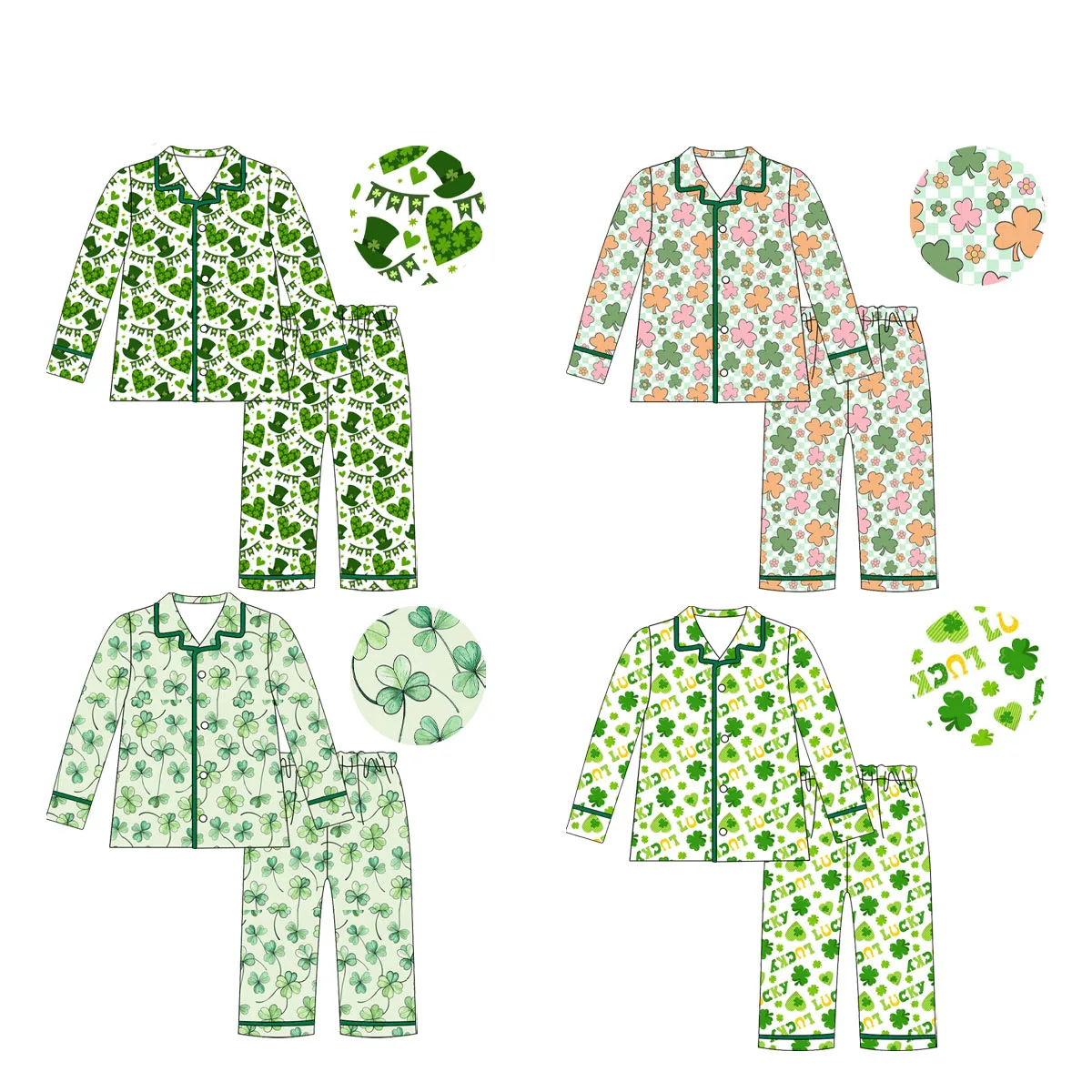 Boutique St. Patrick's Day Pajama Clothing Kids Shamrock Outfits Unisex Long Sleeves Sleepwear for Boys Girls Clothing Sets