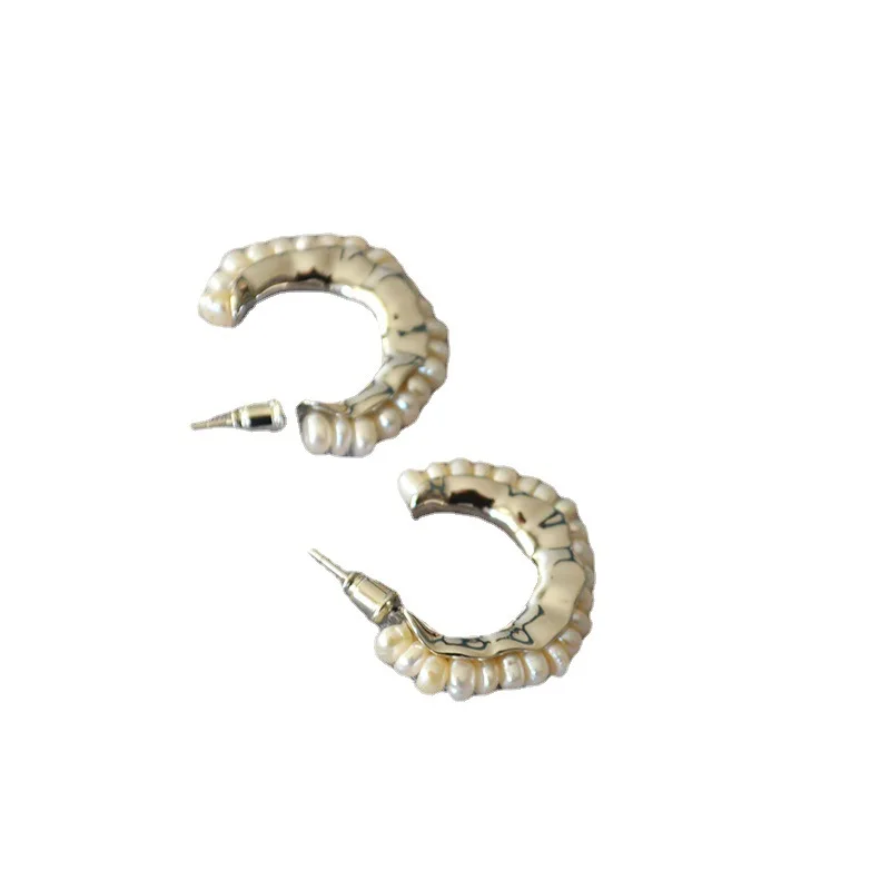 BK Studio C-shaped Romantic Style Silver Color Freshwater Irregular Baroque Pearl 925 Silver Needle Elegant Hoop Earrings