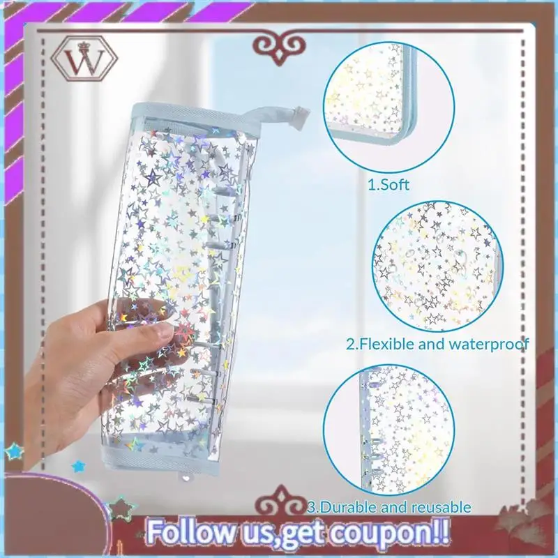 最新の A5 予算バインダーカバー ジッパー付き、グリッタースター A5 6 リングバインダープランナー、クリア PVC 詰め替えノートブックシェル ライトブルー