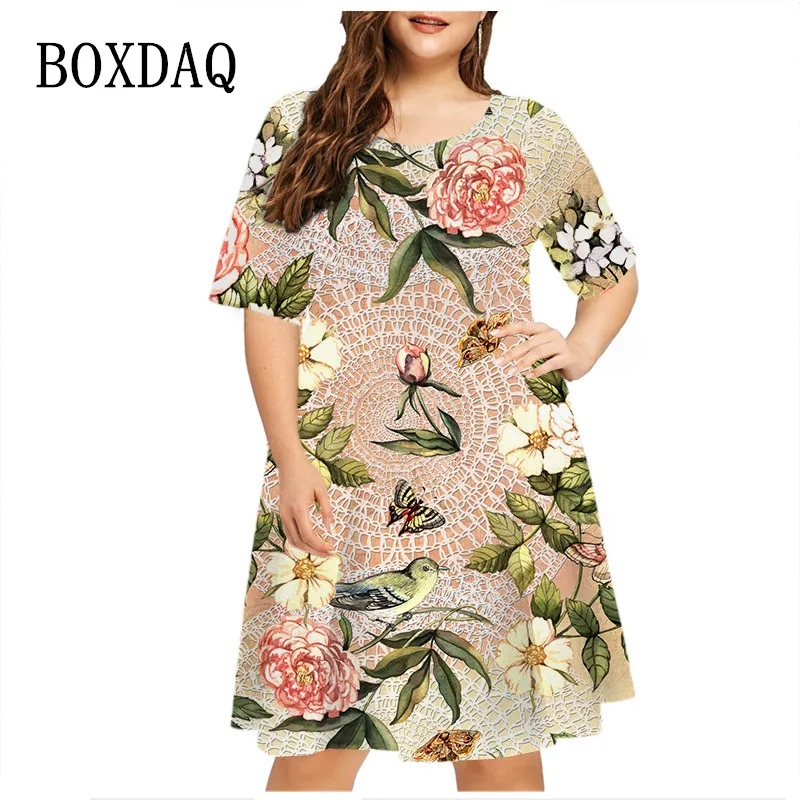 6XL Plus rozmiar Sundress kwiaty rośliny z nadrukiem 3D luźna sukienka damska z krótkim rękawem letnia Casual sukienka trapezowa damska imprezowa