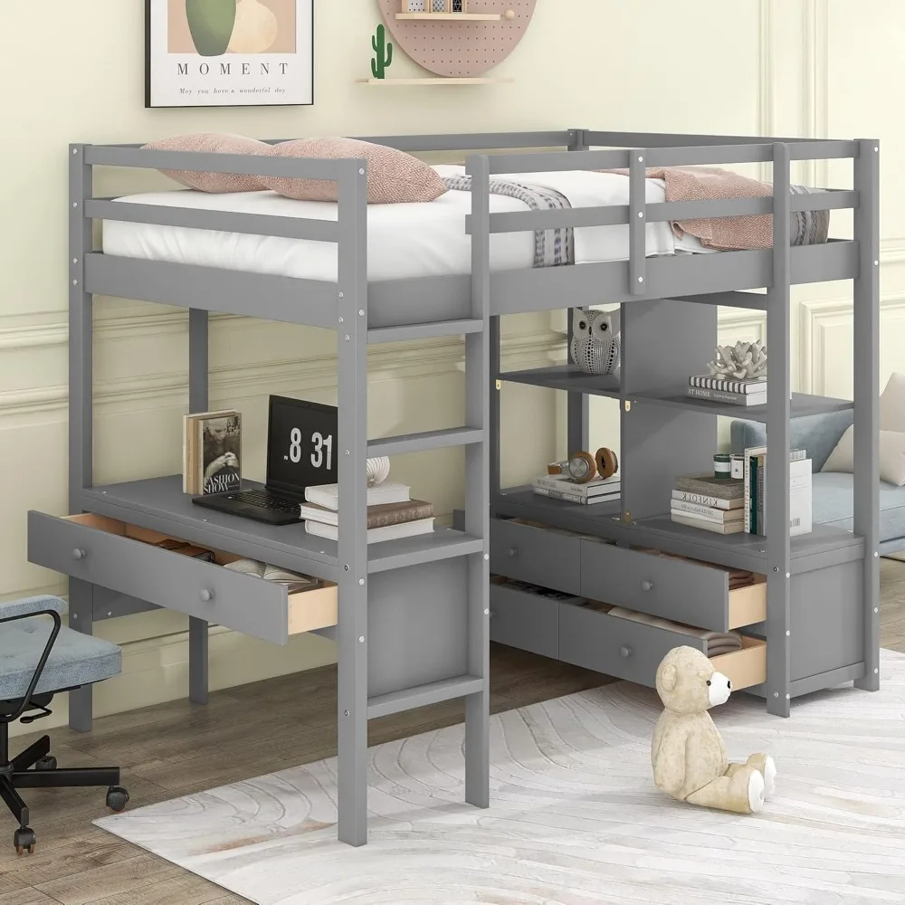 

Twin Size Loft Bed with Desk with Two Drawers, and Storage Shelves and Drawers, Multifunctional Loft Bed Frame for Kids, Teens