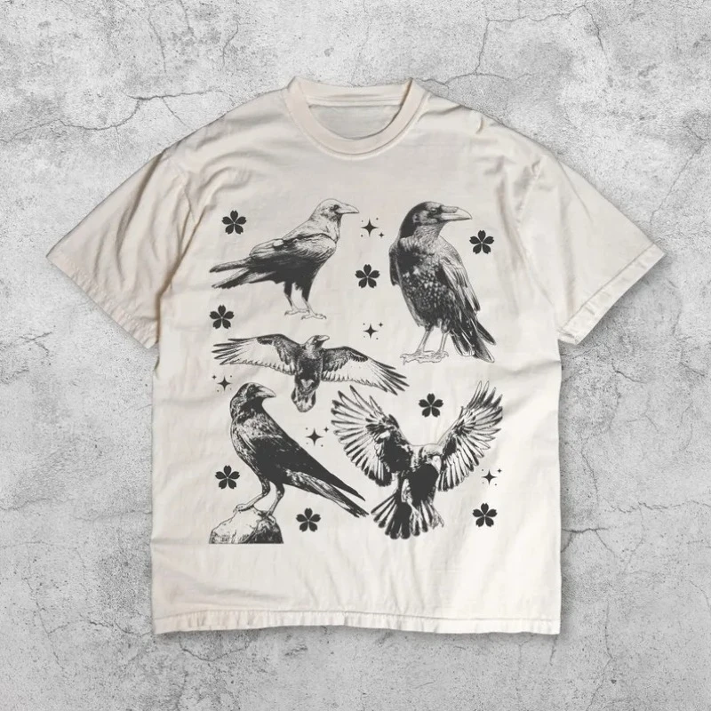 

Женская и мужская футболка, винтажная уличная одежда, повседневная футболка большого размера, Ravens Tattoo Style, ретро 90-х годов, топ Witchcore Fantasy, готическая рубашка с вороном