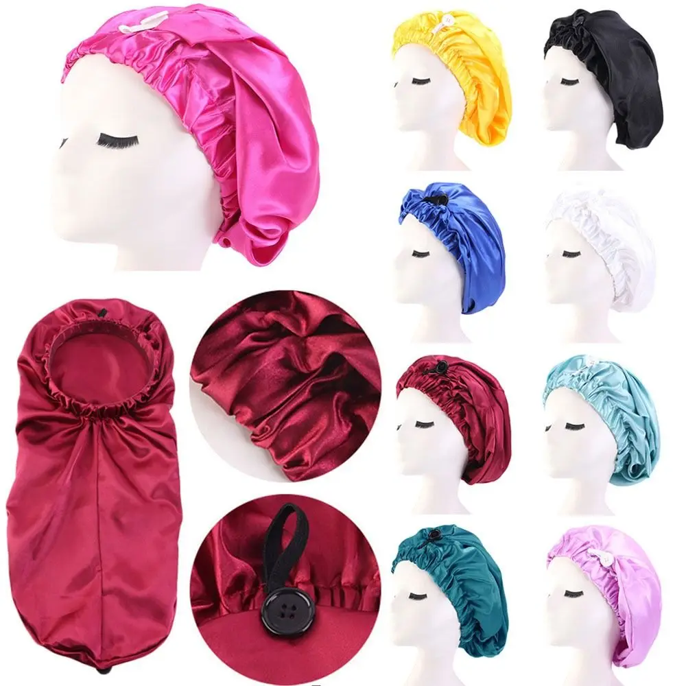 New Large Satin Bonnet Silk Night Sleeping Cap Long Satin Bonnet With Head Tie Band Bonnet Edge Wrap For Women Hair