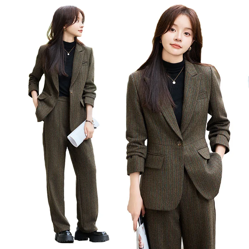 2024 Spring and Autumn New Fashion Wool Blends Blazer Coat Trousers Two Piece Women\'s Elegant Casual Suit Jacket Pants Set