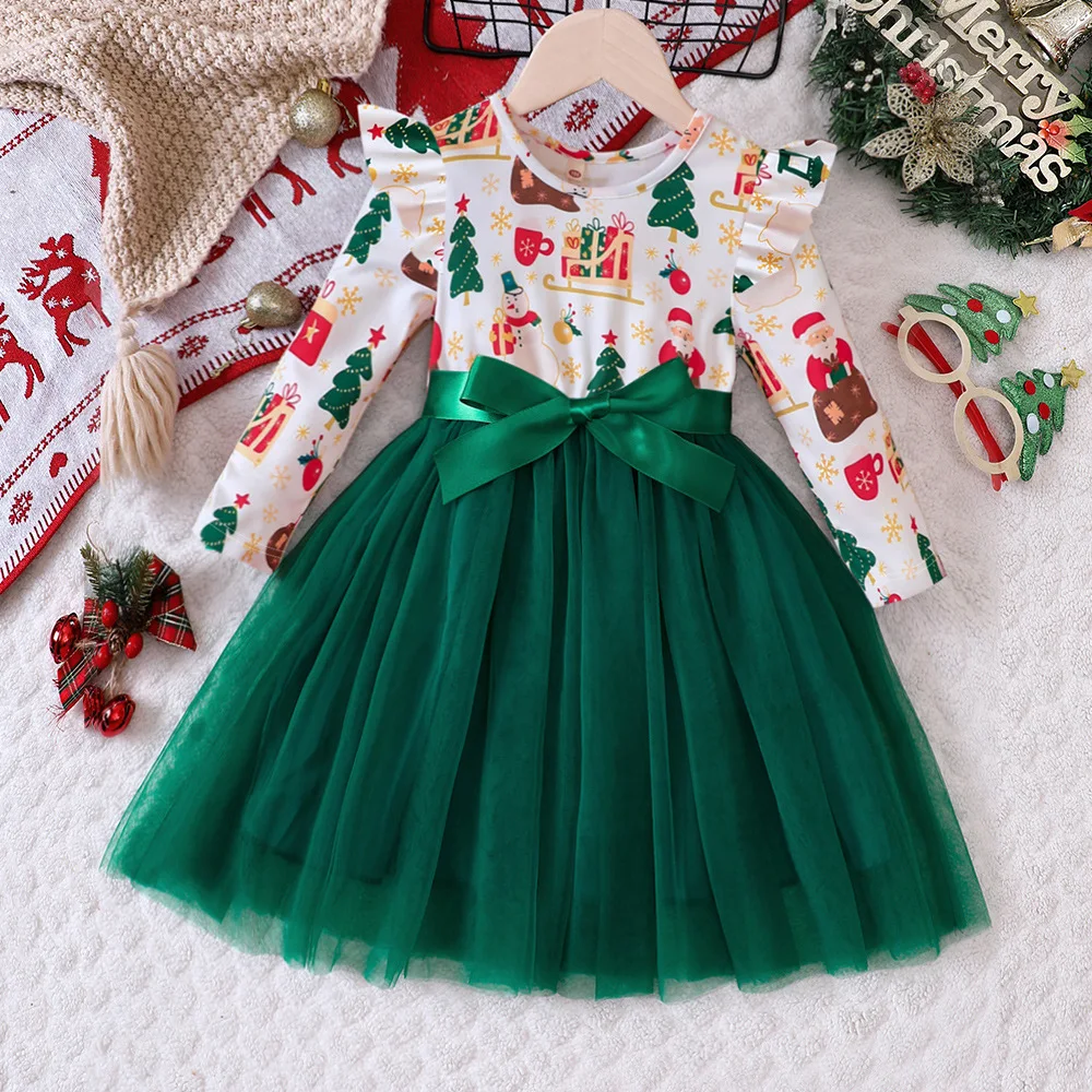 Autumn/Winter Girls' Tulle Dress Christmas Long-Sleeve Dresses Party Festive Style Cute Mesh Skirt 7-8 Year Old Girls' Clothing
