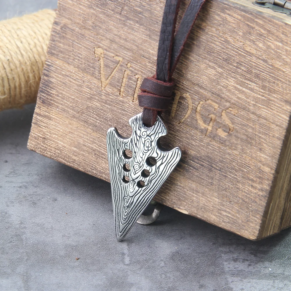 stainless steel Viking Damascus spear Pendant Necklace with really cow leather chain As Men Gift with wooden box as gift