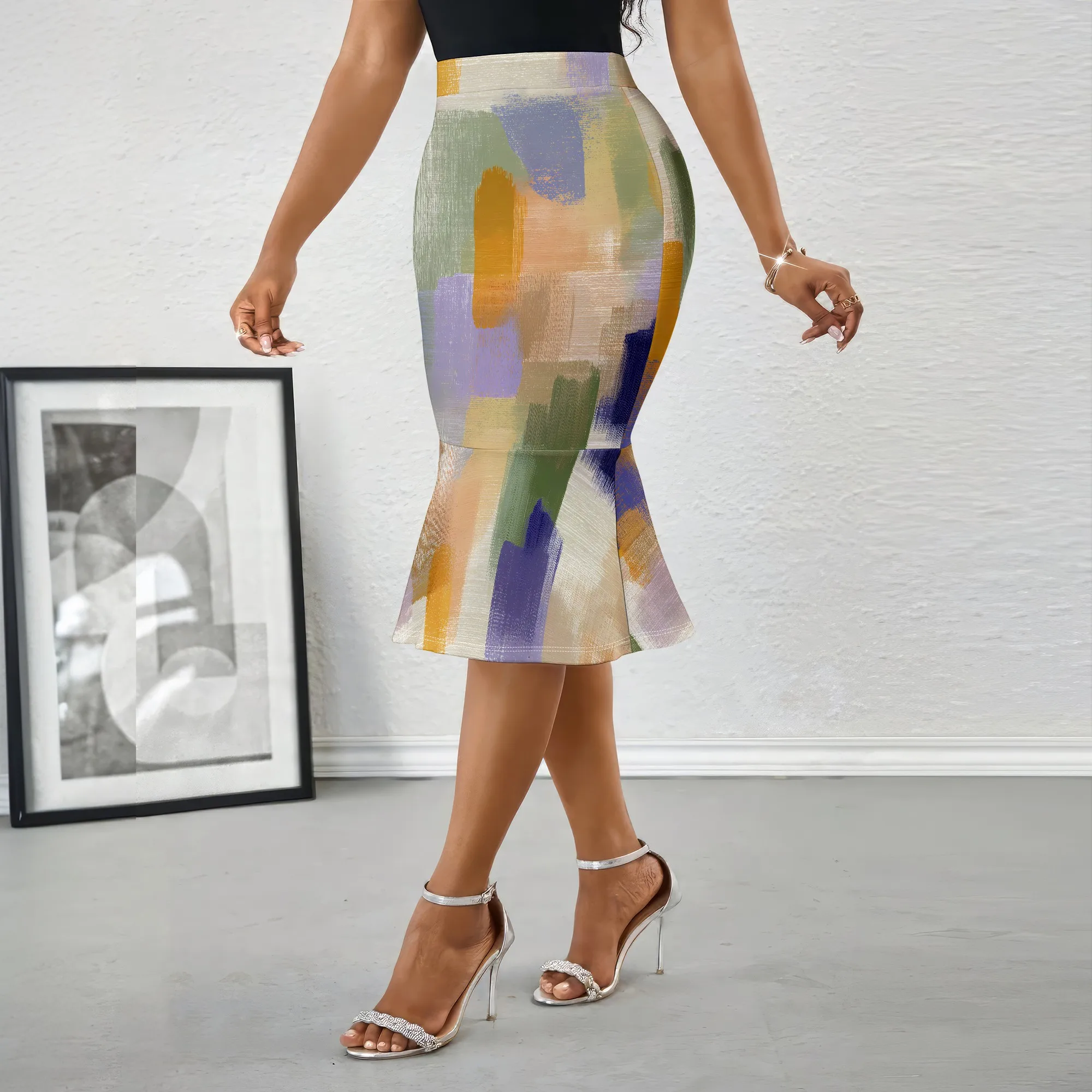 Colorful Abstract Print Midi Skirt, Artistic Pattern Pencil Skirt, High Waist Mermaid Skirt for Women Office Party S-2XL