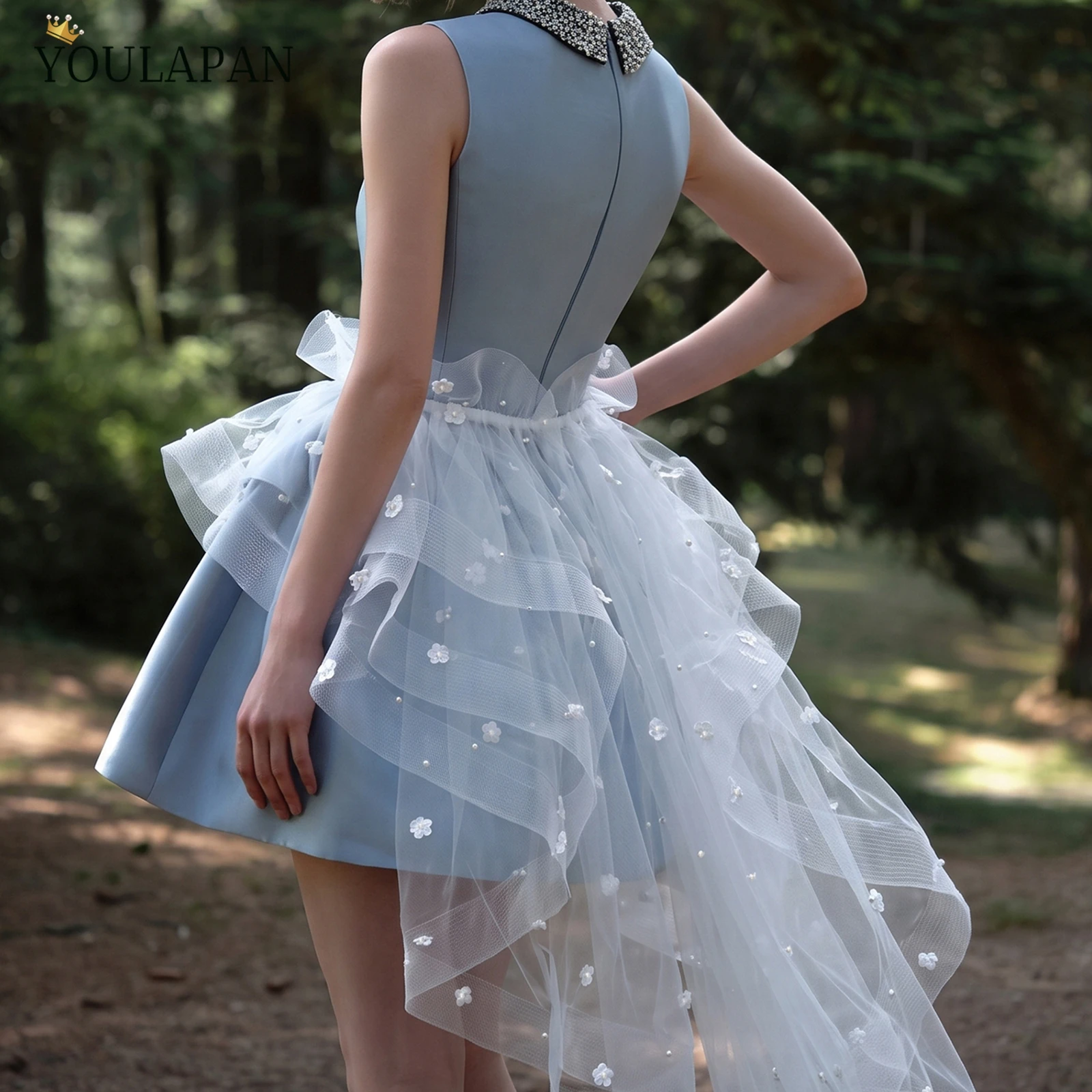 TOPQUEEN Bridal Tulle Over Skirt 3D Flower Pearl Irregular Wedding Detachable Train Falda De Novia Tul Con Flores VB37