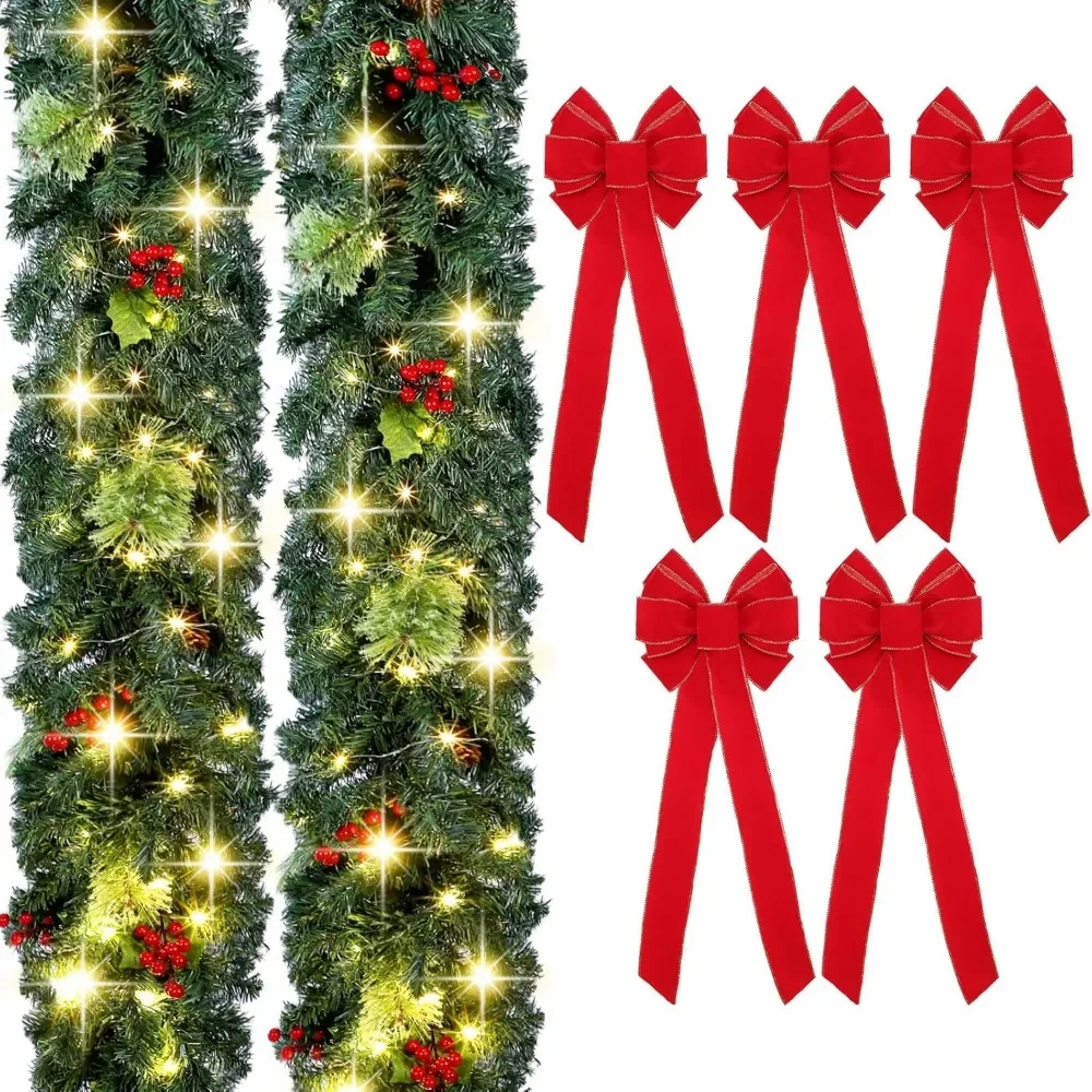 

2 Pcs 9 ft Prelit Artificial Christmas Garland with Lights & 6 Red Christmas Bows - Large Wreath Bows 10.2 x 26 Inch