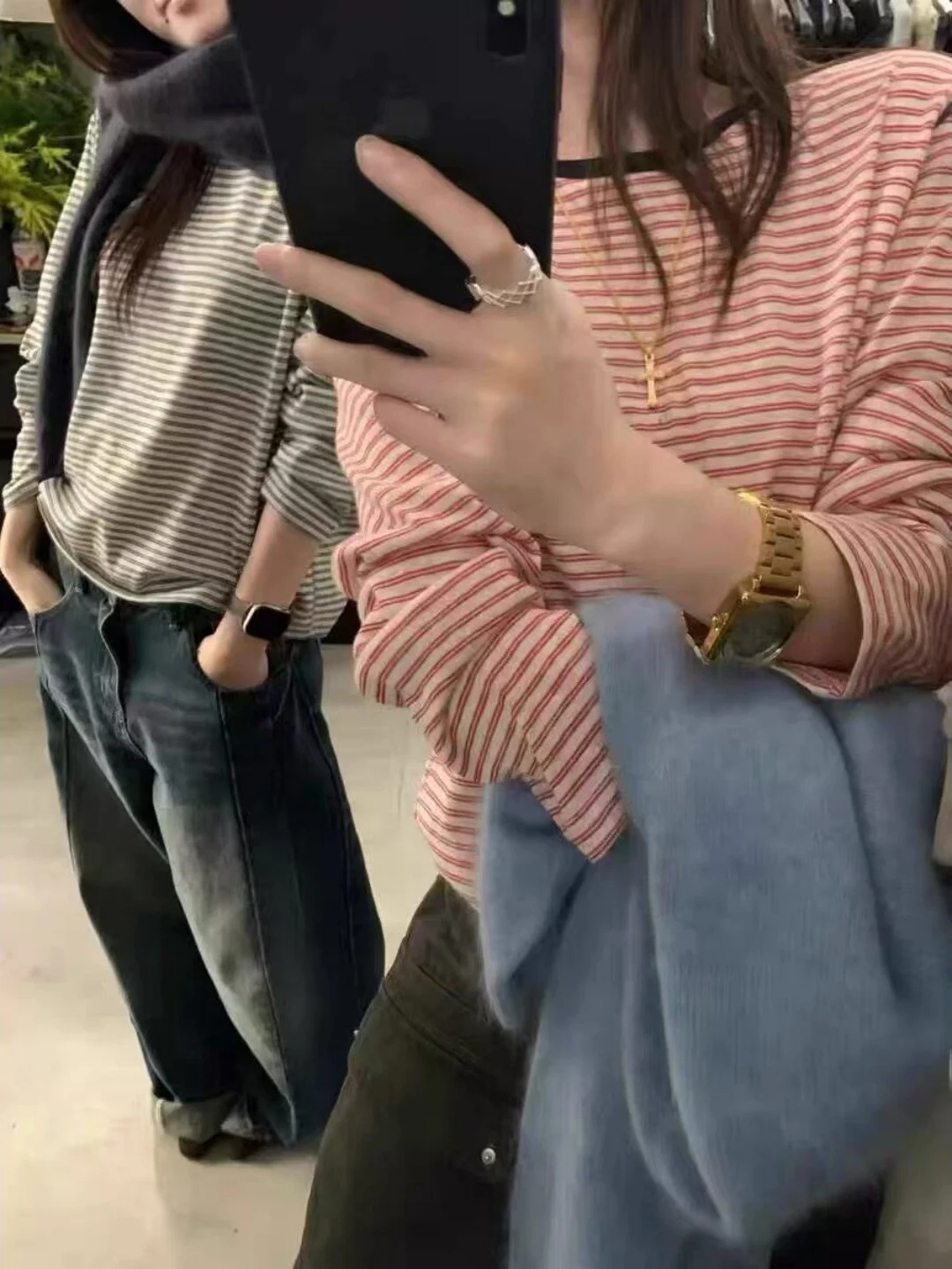 Red Striped Loose Long Sleeve T-Shirt Women's Early Autumn Light Maturity Unique Suitable for Single Wear Korean Style Top