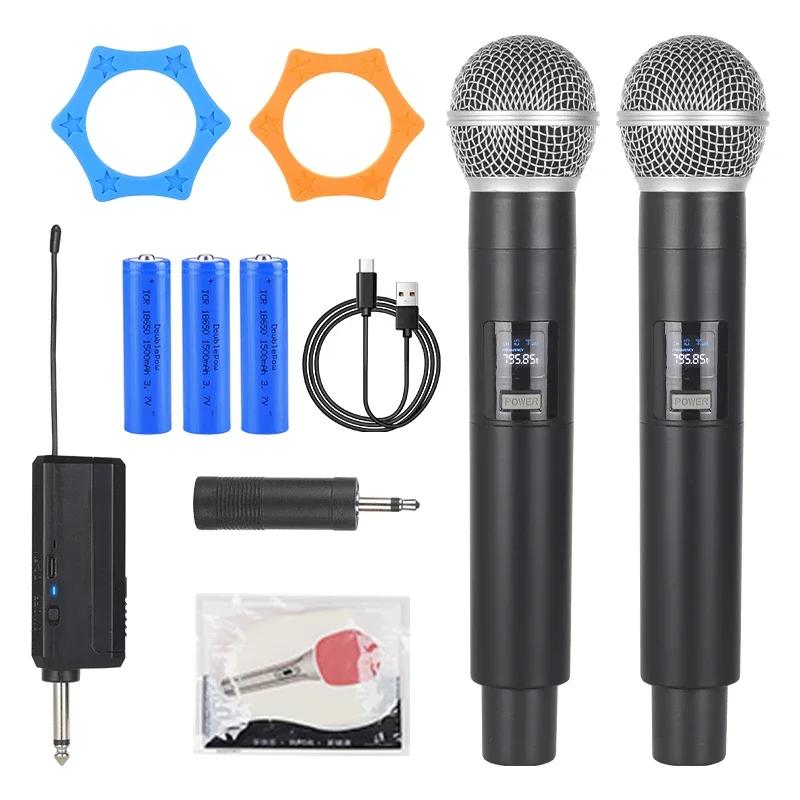 58 ميكروفون لاسلكي 2 قناة UHF تردد ثابت ميكروفون محمول باليد لاجتماع عرض الكنيسة الاحترافي للحفلات كاريوكي