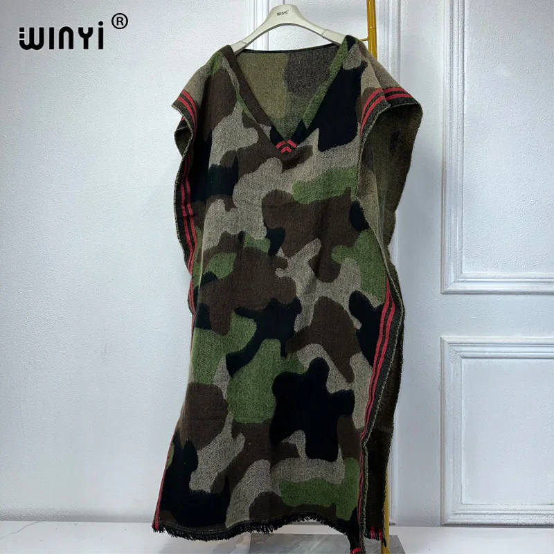 WINYI camouflage colour African women winter long down poncho abaya dubai luxury party dress shawl cape poncho for women luxury