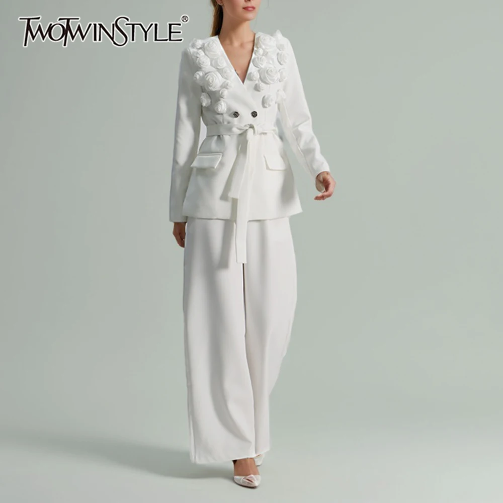 

TWOTWINSTYLE Solid Spliced Appliques Two Piece Sets for Women V Neck Long Sleeve Patchwork Pocket Top High Waist Pant Set Female