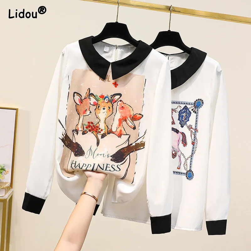 

Thin Chiffon Anime Preppy Style Women Blouse Printing Peter Pan Collar Spring Summer Pullover Women's Clothing Age Reduction