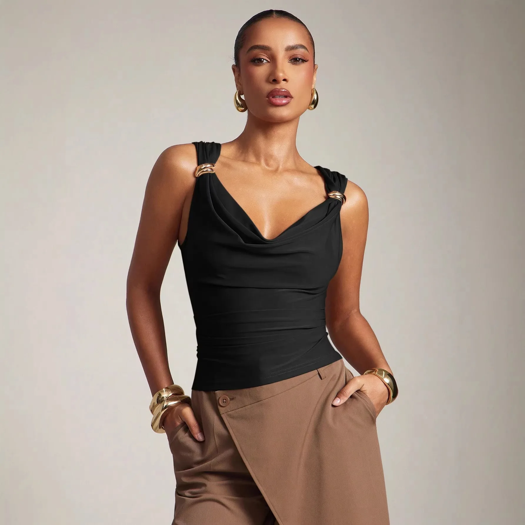 Women's Solid Color Metal Buckle Decor Cowl Neck Sleeveless Tank Slimming Breathable Comfortable Versatile Casual Daily Wear Top