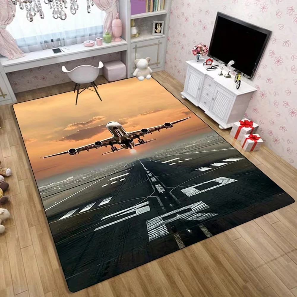 Airplane Runway 2D Print Area Rug Flannel Washable Floor Mat for  Bedroom Playroom Living Room Aviation Theme Home Decor