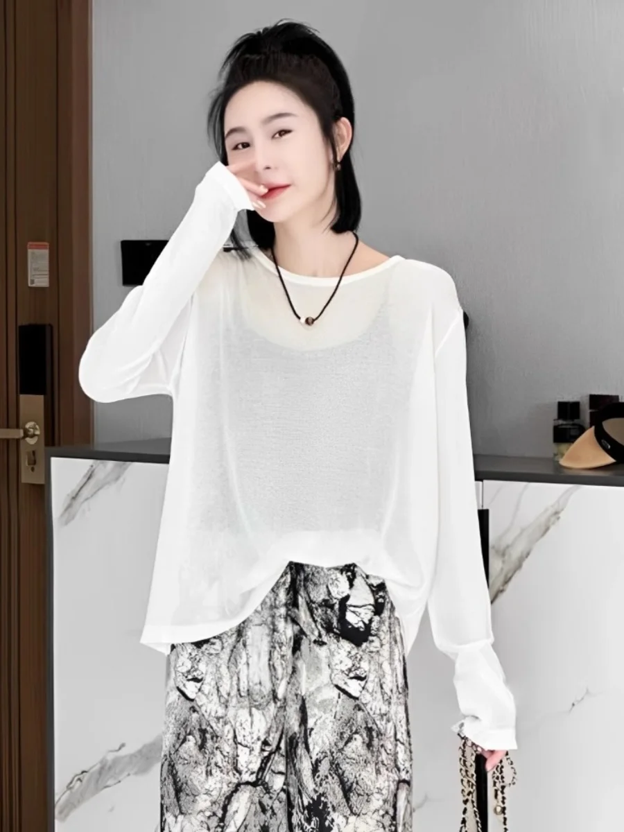 Thin Ice Silk Long Sleeve T-Shirt Women's Summer New Back Hollow out Top Black Sunshade Cover up Korean Style Loose Fit